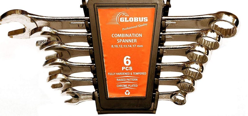 GLOBUS Combination Spanner Set (Tools Set of 6 / 8mm-17mm) Chrome mirror Finish (RAISED PANEL) in Plastic rake kit with lock - Image 4