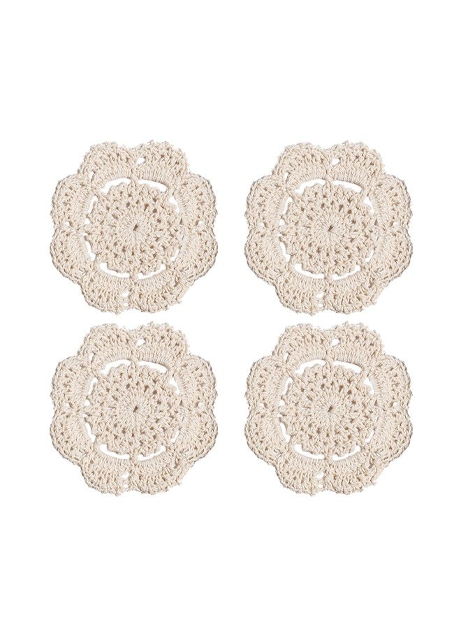 شيبشيب مفارش كروشيه قطنية مستديرة دانتيل يدوية الصنع، قواعد أكواب صغيرة، قماش مفارش بقطر 4 بوصات، عبوة من 4 قطع (بيج) - Image 1