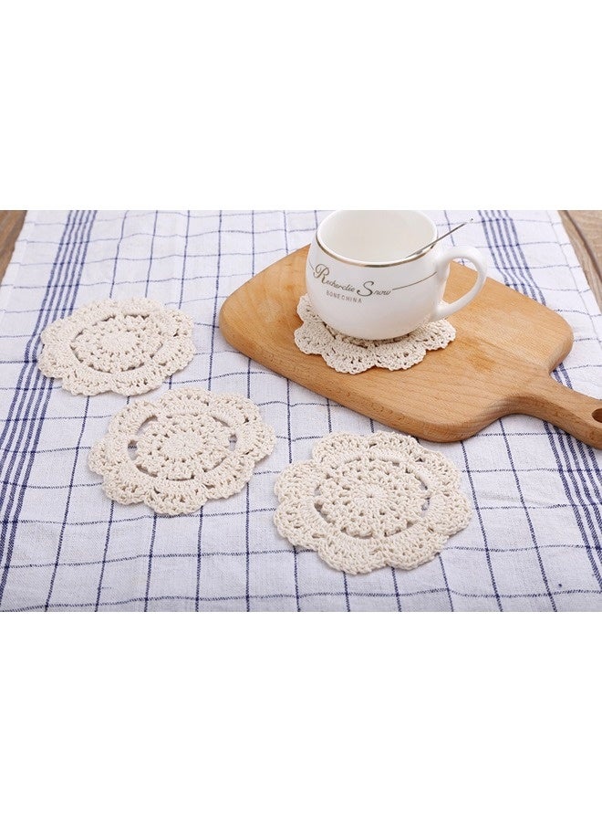 شيبشيب مفارش كروشيه قطنية مستديرة دانتيل يدوية الصنع، قواعد أكواب صغيرة، قماش مفارش بقطر 4 بوصات، عبوة من 4 قطع (بيج) - Image 4