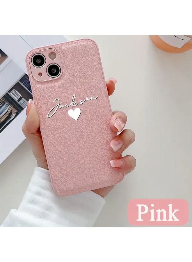 Red Korean Faux Leather Name Phone Case for iPhone 13 14 15 - Image 4