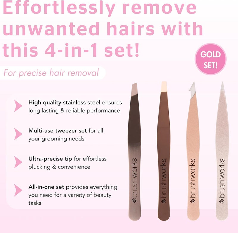 Brushworks HD 4 Piece Combination Tweezer Set Gold - Image 2