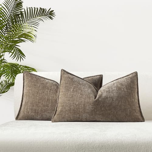 JUSPURBET Set of 2 Stone Chenille Lumbar Throw Pillow Covers 16x24 Inch Soft Textured Decorative Cushion Cases for Couch Sofa Bed Solid Home Decor Pillowcases - Image 1