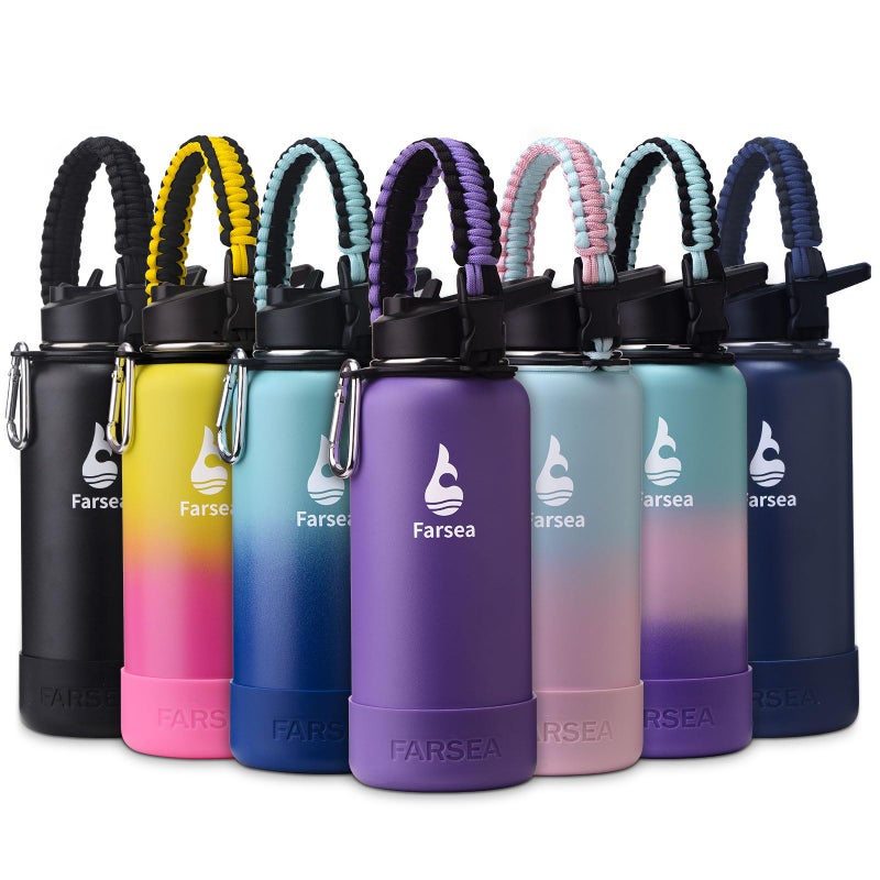 Farsea Insulated Water Bottle With Paracord Handle  Protective Boot and 2 Lids (Straw Lid & Spout Lid)  Stainless Steel Water Bottle Wide Mouth  Double Wall Sweat-Proof BPA-Free  32 oz - Image 1