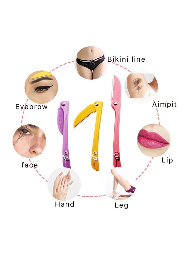 3-Piece Flamingo Printed Eyebrow Razor Yellow/Purple/Pink 6inch - Image 4