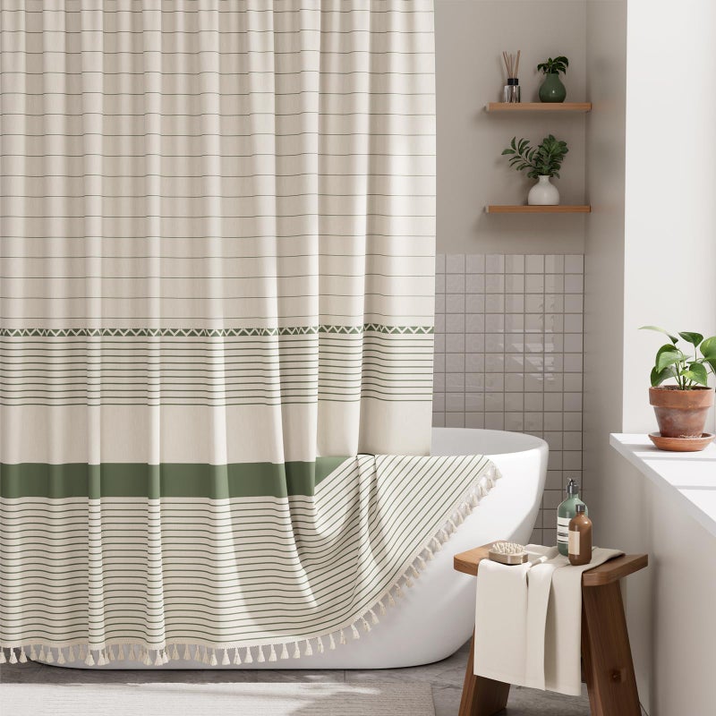 AmazerBath Boho Shower Curtains for Bathroom, Farmhouse Shower Curtain with Tassels, Faux Linen Shower Curtain Beige, Striped Shower Curtain with Hooks, Rustic Shower Curtain Green, 72x72 Inches - Image 1