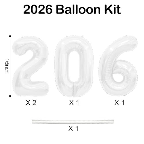 ChicQuench 2026 Balloons 2026 Number Balloons 2026 White Balloon Foil Happy New Year Balloon for New Year Eve Party Supplies 2026 Graduation Decorations Anniversary Birthday Home Office Decorations 16 Inch - Image 5