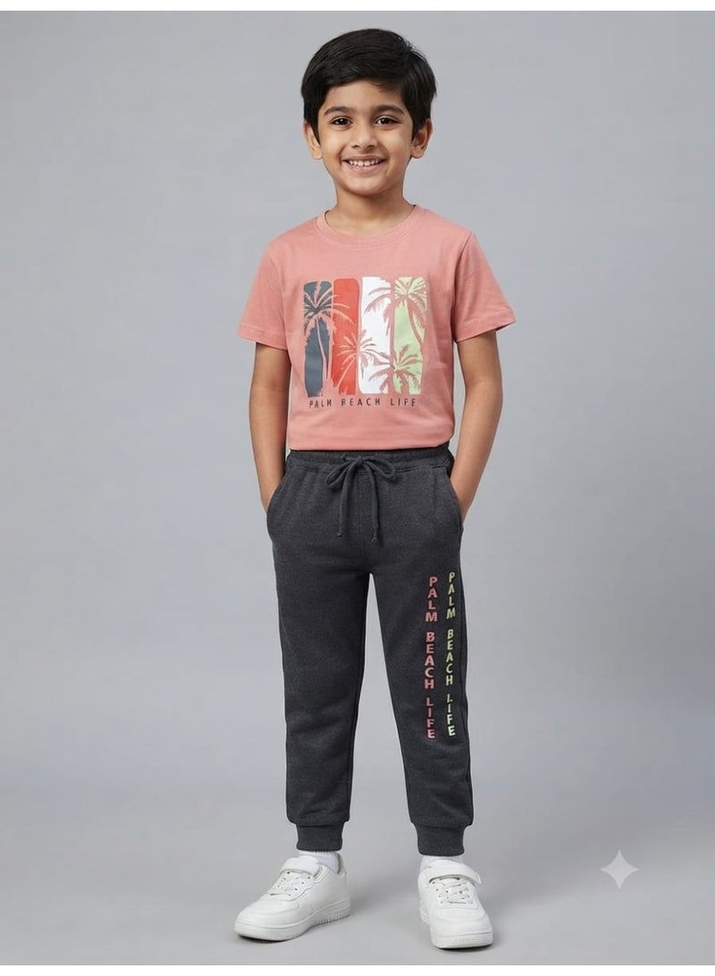 Zercon Boys' Summer Pajama Set, 8 Years, Peach T-Shirt & Grey Joggers