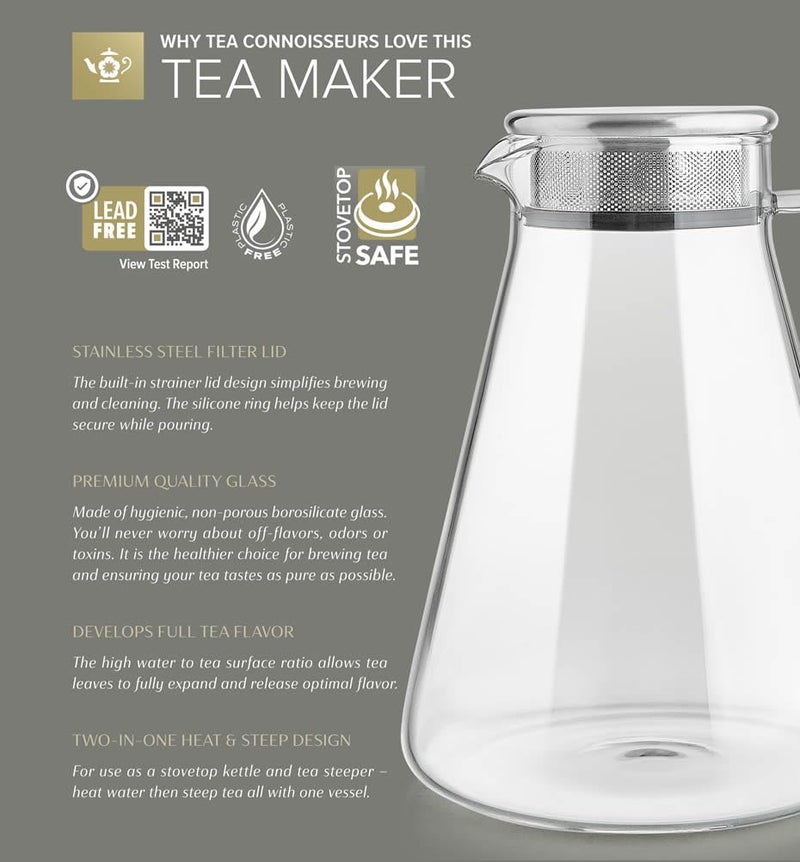 Teabloom One-Touch Tea Maker, 2-in-1 Teapot and Kettle with Stainless Steel Filter Lid for Loose Tea â€“ Stain-free Borosilicate Glass Teapot (56 Oz) â€“ Tea Connoisseur's Choice - Image 3