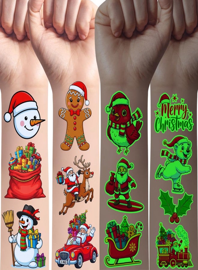 Backtopeia Glow In Dark Christmas Temporary Tattoos | Luminous Christmas Tattoos Xmas Decorations Party Favors Supplies Goodie Bags Stocking Stuffers Gift Idea For Kids Teen Adult Xmas Santa Claus Reindeer-60Pcs - Image 1