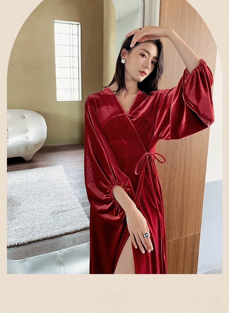 Tie Up Long Sleeved Sleeping Bathrobe Can Be Used As A Wedding Morning Gown Or Home Outfit  - Image 3