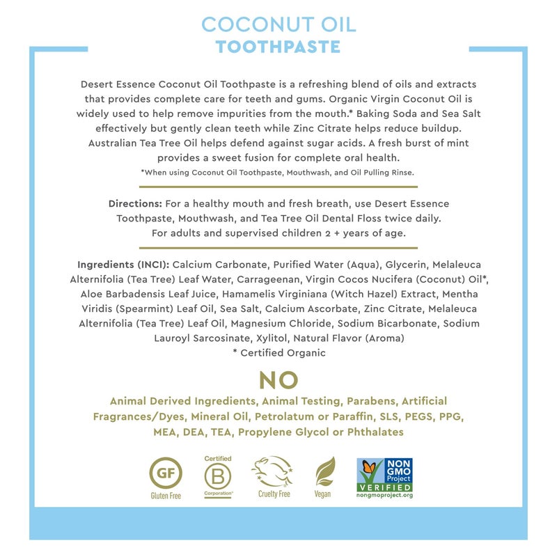 Desert Essence Tea Tree Oil Toothpaste - Coconut Mint - 6.25 Oz - Refreshing Taste - Complete Oral Care - Baking Soda - Sea Salt - Pure Essential Oil - Fights Against Sugar Acids - Zinc Citrate - Image 3