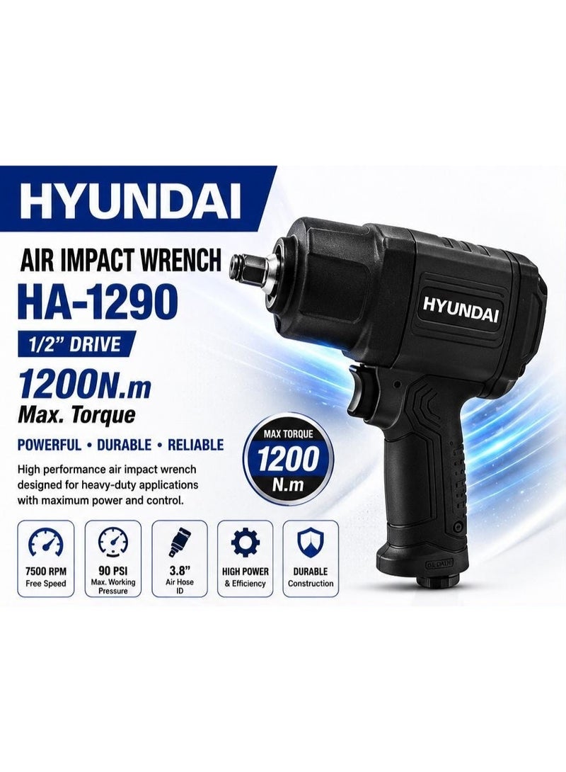 هيونداي مفتاح صدمة هوائي هيونداي HA-1290، 1/2 إنش، عزم دوران 1200 نيوتن متر، سرعة 7500 دورة بالدقيقة، أداة هوائية ثقيلة للسيارات والورش - Image 2