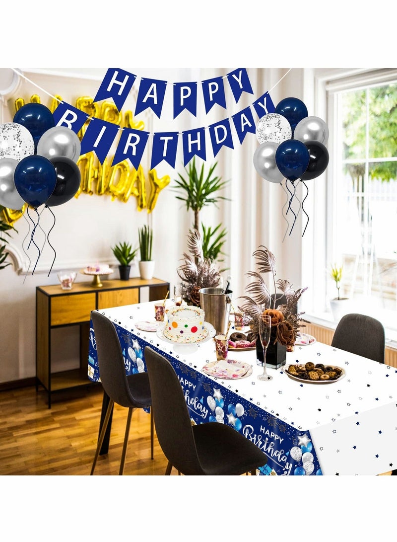 كابتن تيك Happy Birthday Decorations, 3 Pcs Navy Blue and Silver Birthday Tablecloth,54" x 108" Plastic Disposable Rectangle Table Cover for Birthday Party Supplies - Image 2