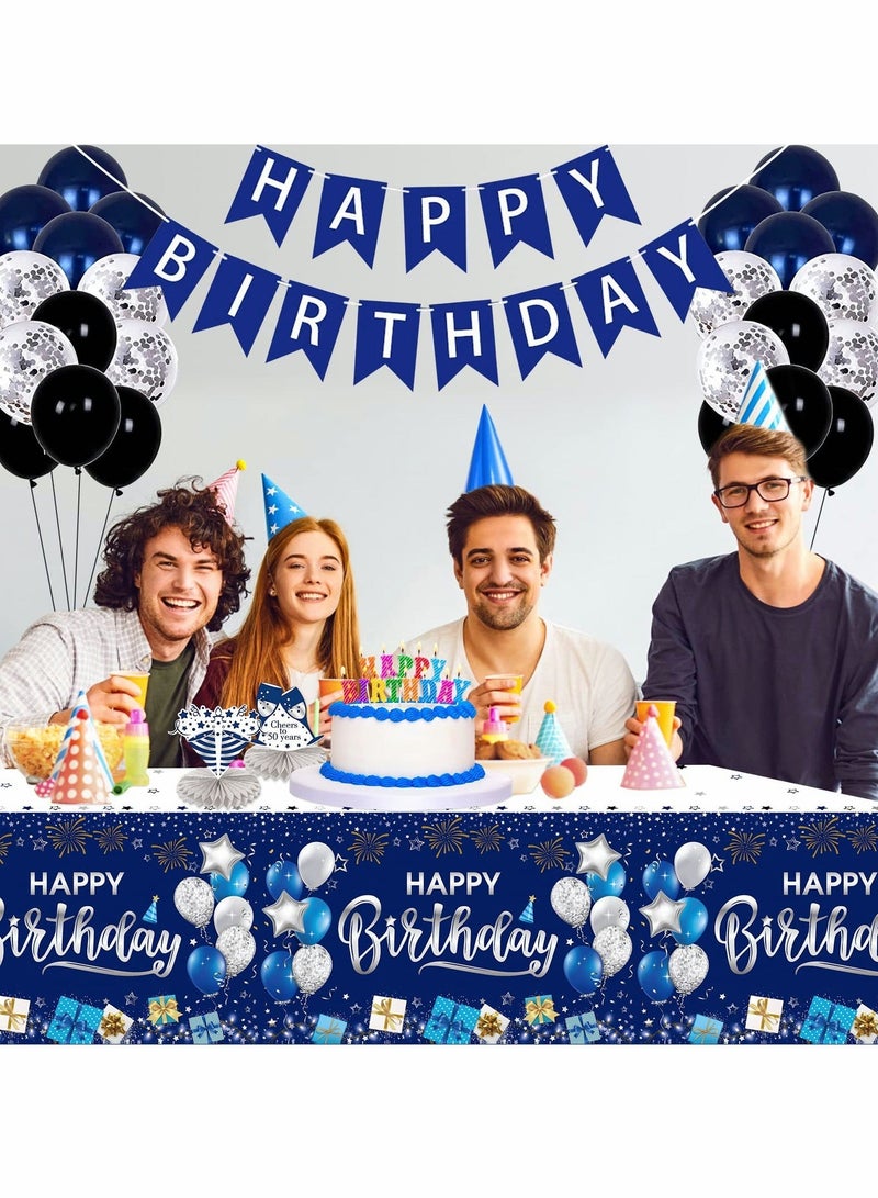 كابتن تيك Happy Birthday Decorations, 3 Pcs Navy Blue and Silver Birthday Tablecloth,54" x 108" Plastic Disposable Rectangle Table Cover for Birthday Party Supplies - Image 3