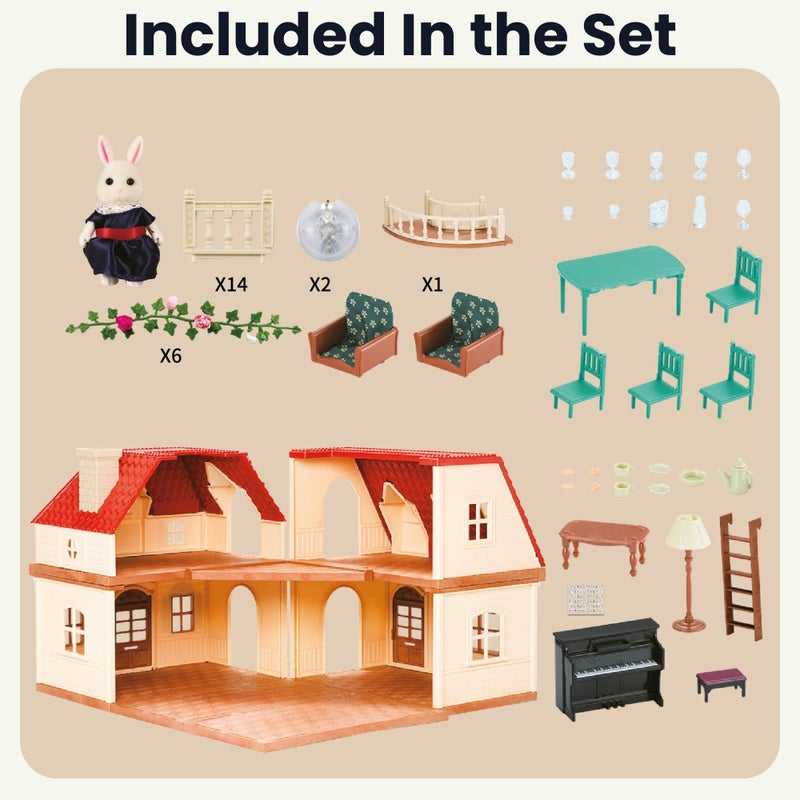OLEOCA Family Grand Doll House â€” Light-Up 2-Story Cozy Cabin with Furniture & Bunny Figure, Complete Dollhouse Playset for Creative Pretend Play, Gift for Kids Ages 3+ - Image 2
