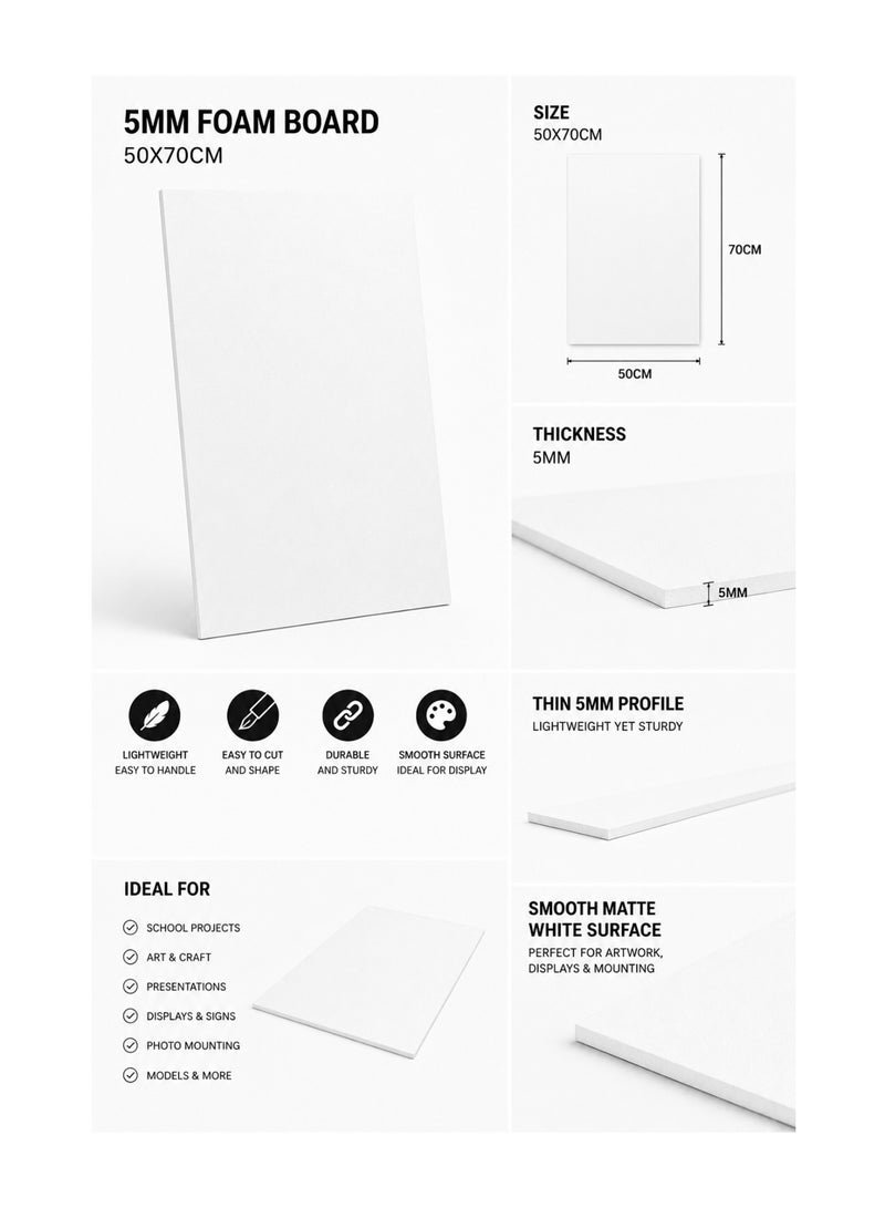5-Piece 5mm Thick Foam Board For Craft And Illustration 50x70cm Size White - Image 2