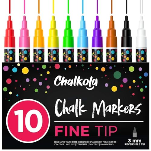 Chalkola 10 Fine Tip Liquid Chalk Markers for Blackboard, Chalkboard Signs, Window, Labels, Bistro, Glass, Car (10 Pack 3mm) - Wet Wipe Erasable Ink Chalkboard Markers, 3mm Reversible Tip Chalk Pens - Image 1