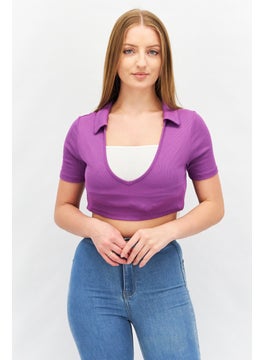 Women V Neck Short Sleeve Ribbed Crop Top, Purple