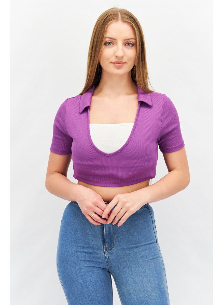 I SAW IT FIRST - Women V Neck Short Sleeve Ribbed Crop Top, Purple - Image 1