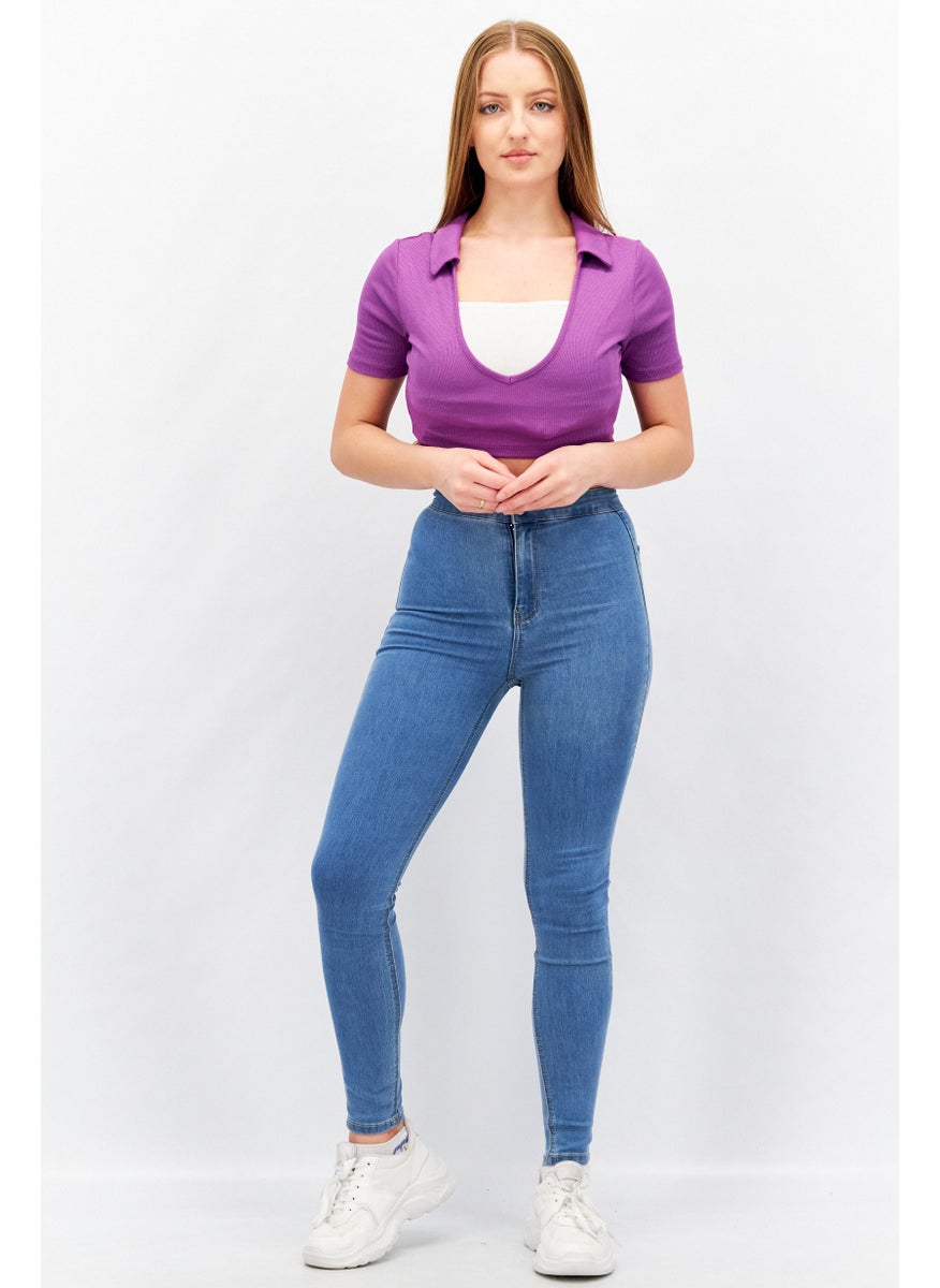 I SAW IT FIRST - Women V Neck Short Sleeve Ribbed Crop Top, Purple - Image 1