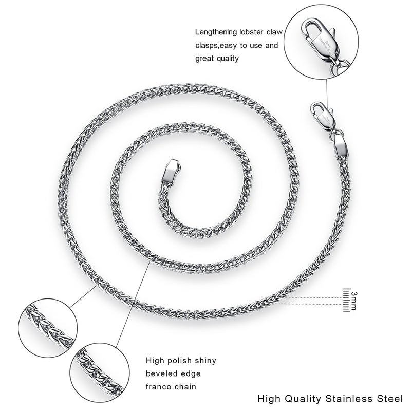 Reve Jewelry 3mm Stainless Steel Franco Chain Necklace for Men and Women, 20-30 inches (22) - Image 2