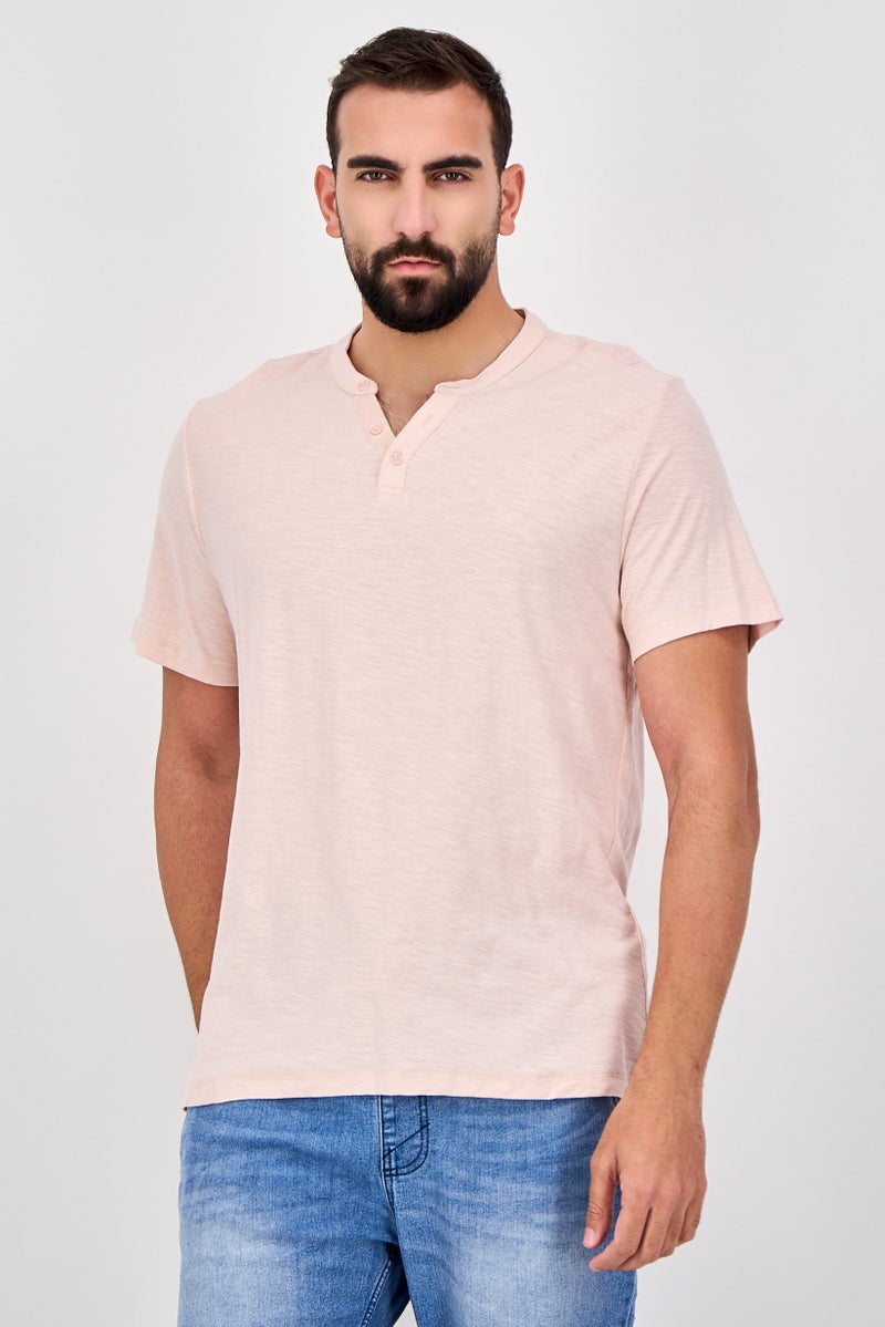 Celio Men Band Neck Short Sleeve Plain T-Shirt, Pink - Image 1