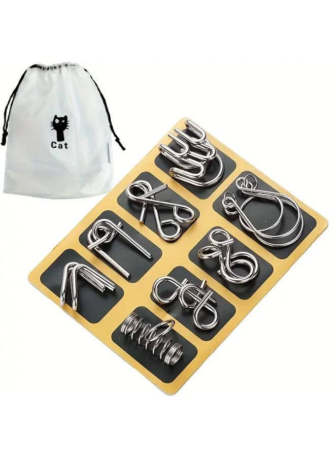 8pcs Yellow Iron Brain Teaser Puzzle Set Logic Toy For Kids Teens Adults - Image 1