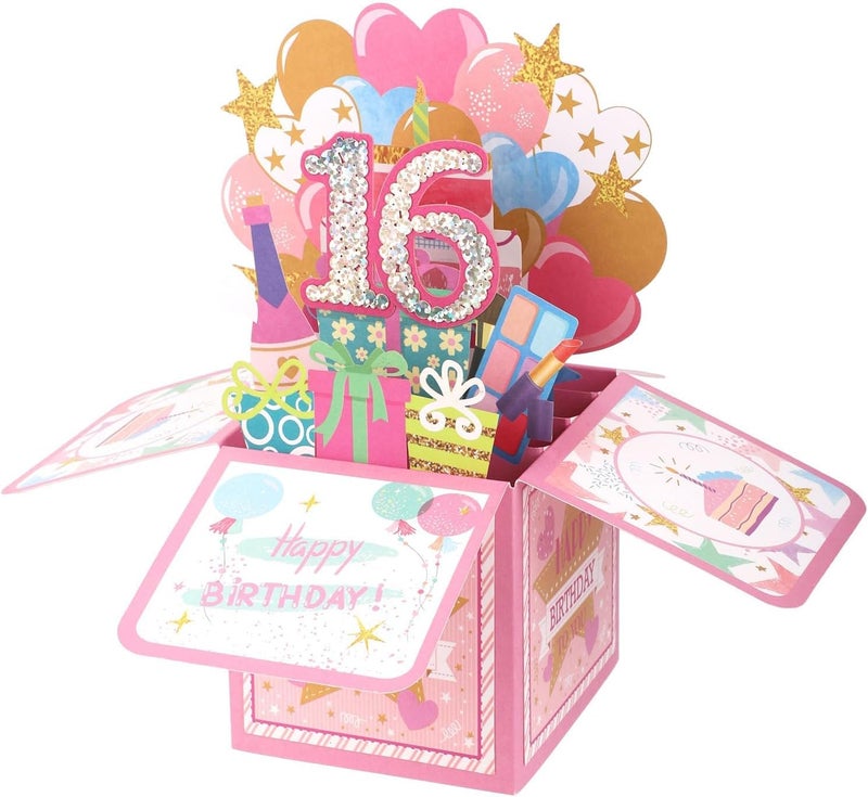 كاست ويف بطاقة عيد ميلاد سعيدة الـ16 – بطاقة تهنئة ثلاثية الأبعاد لامعة وجميلة مع مظروف | هدية فريدة لفتاة أو صبي أو ابنة أو ابنة أخت أو ابن أخ في سن الـ16 من الوالدين - Image 1