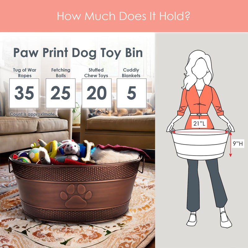 BREKX Indestructible Metal Dog Toy Bin - Copper Galvanized Storage Bin with Handles, Puppy Basket for Dog Storage, Blankets, & Leashes, Paw Pet Toy Box (25-Quart) - Image 4