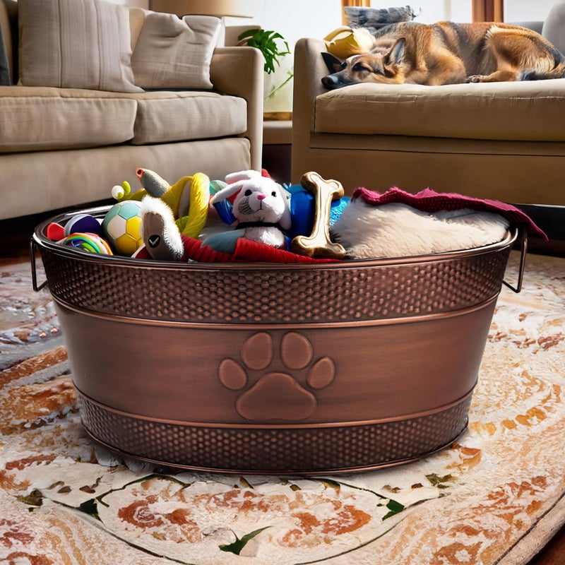 BREKX Indestructible Metal Dog Toy Bin - Copper Galvanized Storage Bin with Handles, Puppy Basket for Dog Storage, Blankets, & Leashes, Paw Pet Toy Box (25-Quart) - Image 3