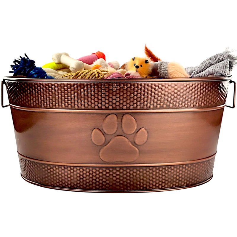 BREKX Indestructible Metal Dog Toy Bin - Copper Galvanized Storage Bin with Handles, Puppy Basket for Dog Storage, Blankets, & Leashes, Paw Pet Toy Box (25-Quart) - Image 1