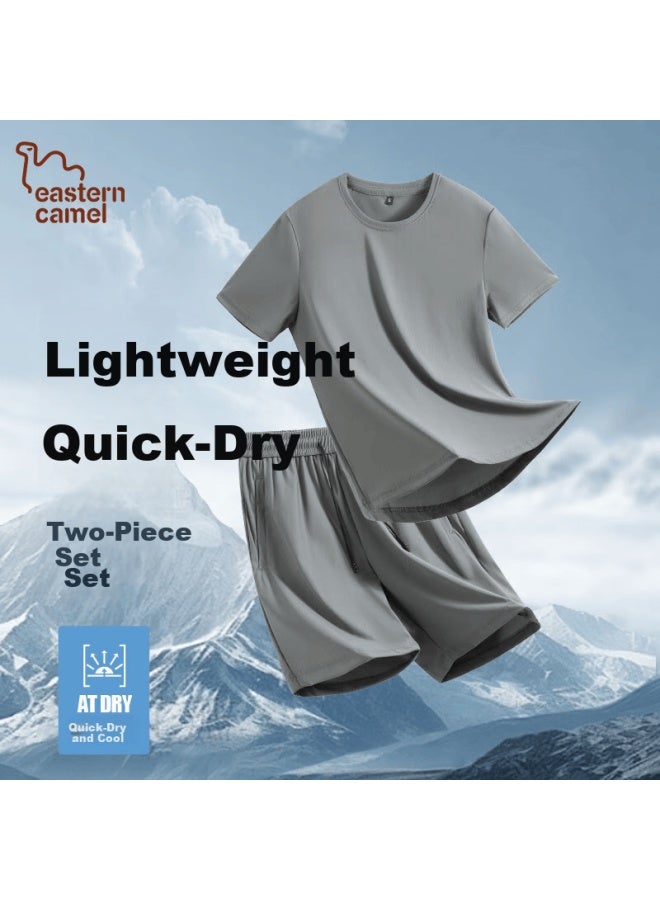 Eastern Camel Ice Silk Short Sleeve T-shirt Men Summer Thin Quick-dry Sports Two-piece Set Cooling Gray 3XL - Image 1