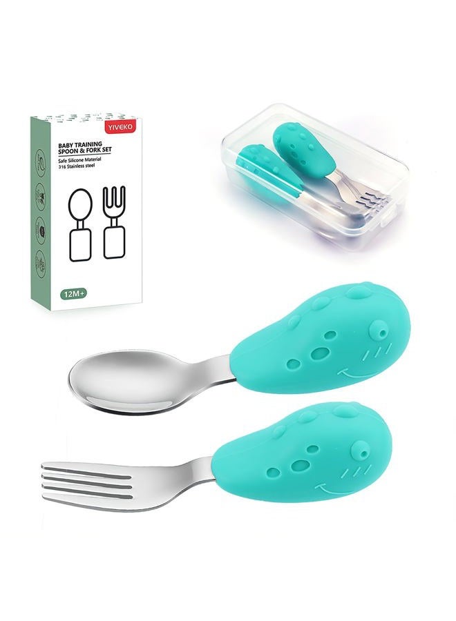 YIVEKO Baby Fork and Spoon Set with Carry Case Baby Training Utensils Self Feeding Toddler Silverware Silicone and Stainless Steel Kids and Toddler Utensil Set-Dinosaur - Image 1
