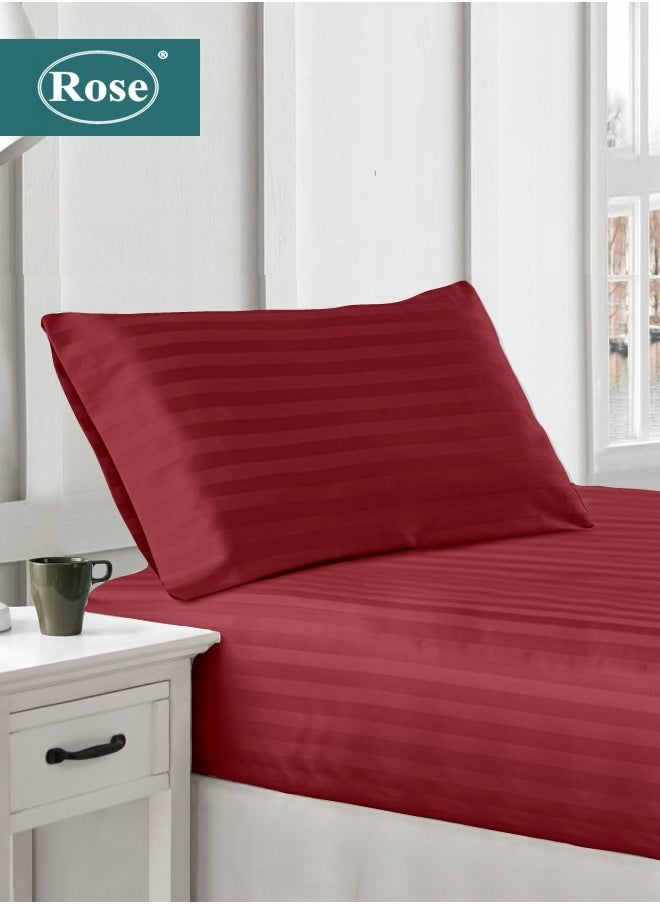 Rose Rose Luxurious Hotel Stripe Fitted Sheet with Deep Pockets and Pillow Case, Bed Sheet 2-Pieces Set, Soft & Silky Microfiber, Breathable and Cooling, Extra Twin Size 120x200+35 cm, Burgundy  - Image 1
