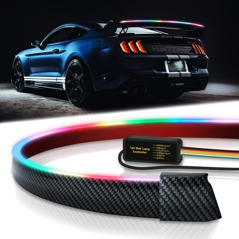 VGETTING Universal Car Spoiler Light Strip 50 Inch RGB LED Third Brake Light Bar for Cars Rear Spoiler LipTrunk Roof Wing Carbon Fiber Sequential Light Strip with Turn Signal