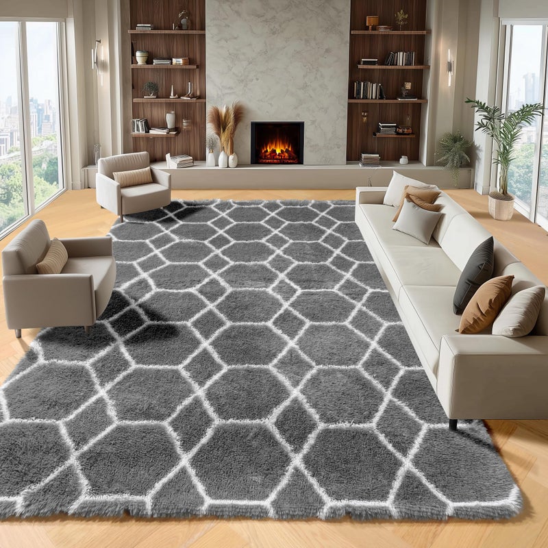 ONASAR 8x10 Area Rugs for Living Room, Fluffy Grey and White Bedroom Rug, Geometric Boho Large Soft Plush Shaggy Fuzzy Floor Carpet for Nursery Kids Classroom Playroom Dorm Home Decor - Image 1
