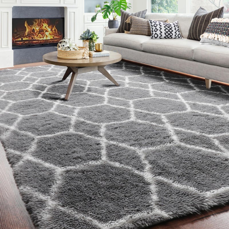 ONASAR 8x10 Area Rugs for Living Room, Fluffy Grey and White Bedroom Rug, Geometric Boho Large Soft Plush Shaggy Fuzzy Floor Carpet for Nursery Kids Classroom Playroom Dorm Home Decor - Image 3