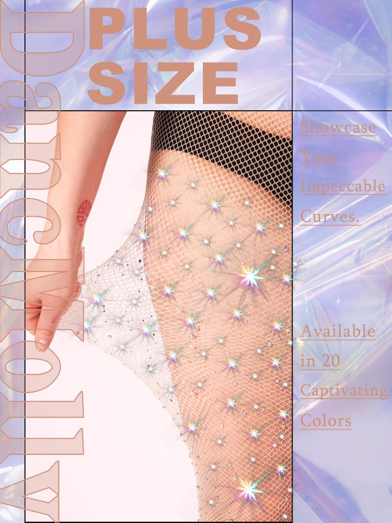 DancMolly 10X Strong Ultra Sparkly Rhinestone Fishnet Stockings, Plus Size Sparkle Fish Net Tights for Women, Sexy Party Concert Outfit, 1 pair Nude 2XL-4XL - Image 4