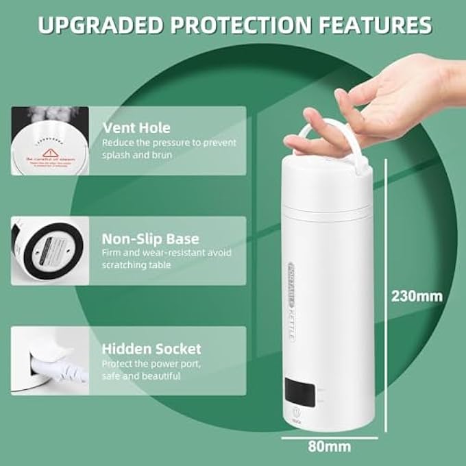 FDTY غلاية كهربائية للسفر 500 مل، غلاية شاي وقهوة صغيرة محمولة، غلاية مياه محمولة مع 4 عناصر تحكم في درجة الحرارة، مصنوعة من الفولاذ المقاوم للصدأ 304 مع إيقاف تشغيل تلقائي وحماية من الغليان الجاف - Image 3