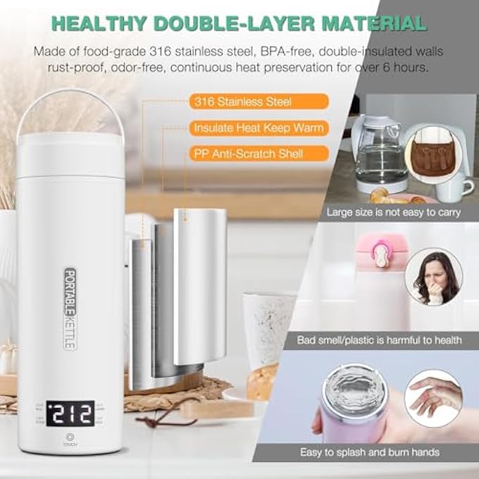 FDTY غلاية كهربائية للسفر 500 مل، غلاية شاي وقهوة صغيرة محمولة، غلاية مياه محمولة مع 4 عناصر تحكم في درجة الحرارة، مصنوعة من الفولاذ المقاوم للصدأ 304 مع إيقاف تشغيل تلقائي وحماية من الغليان الجاف - Image 4