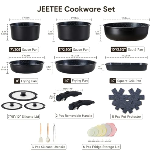 JEETEE Cookware Set 6 Essential Pots 19 Accessories Nonstick Pots and Pans with Detachable Handle for Induction Cooking RV Kitchen Space Saving PFAS Free Black - Image 3