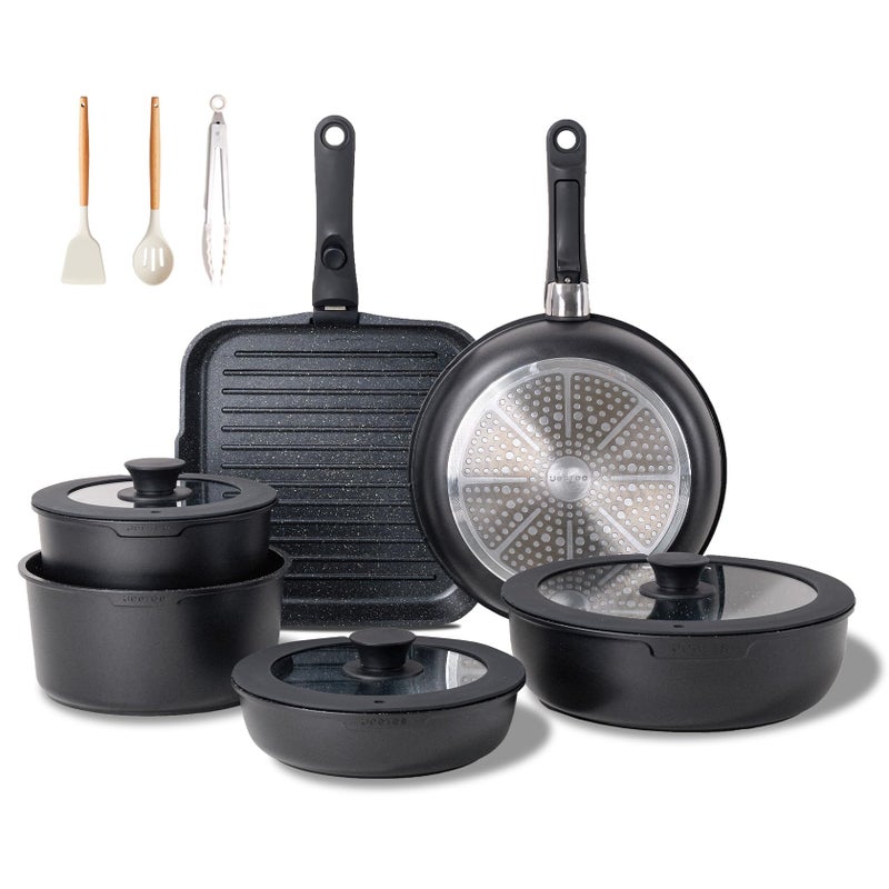 JEETEE Cookware Set 6 Essential Pots 19 Accessories Nonstick Pots and Pans with Detachable Handle for Induction Cooking RV Kitchen Space Saving PFAS Free Black - Image 2
