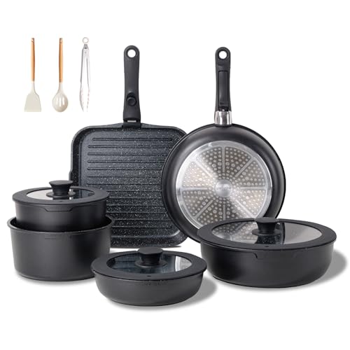 JEETEE Cookware Set 6 Essential Pots 19 Accessories Nonstick Pots and Pans with Detachable Handle for Induction Cooking RV Kitchen Space Saving PFAS Free Black - Image 1