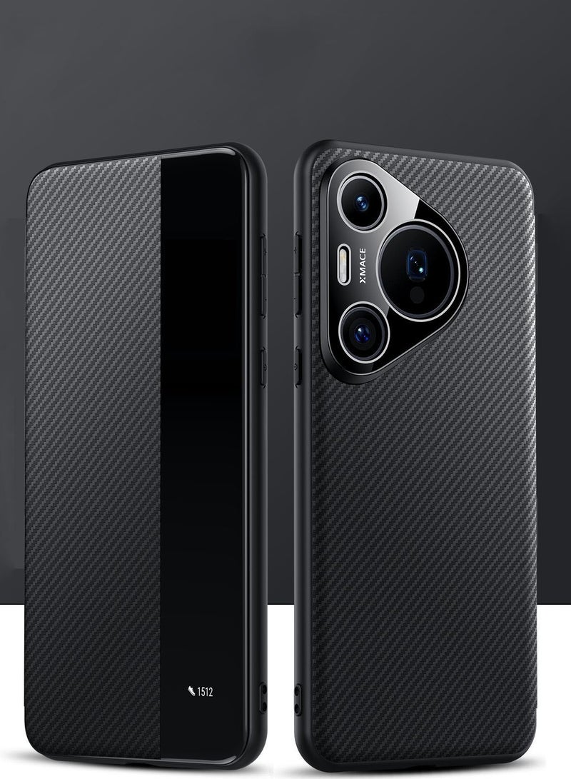 general Leather case for Huawei Pura 80 Ultra, transparent viewing window, magnetic protective cover with flip for business, carbon fiber texture - Image 1