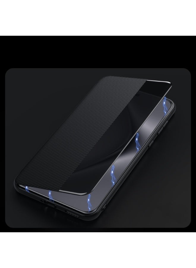 general Leather case for Huawei Pura 80 Ultra, transparent viewing window, magnetic protective cover with flip for business, carbon fiber texture - Image 3