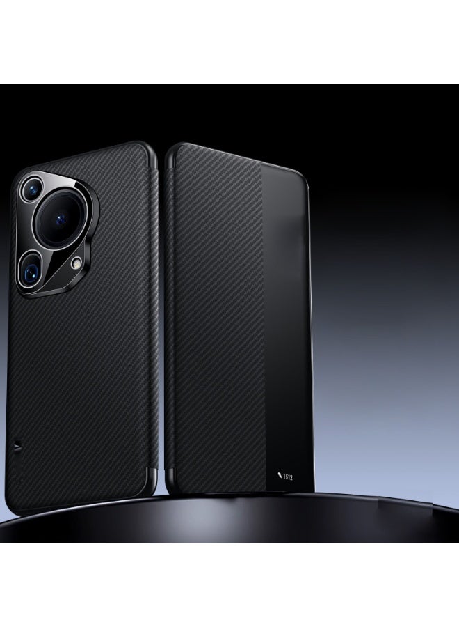general Leather case for Huawei Pura 80 Ultra, transparent viewing window, magnetic protective cover with flip for business, carbon fiber texture - Image 2