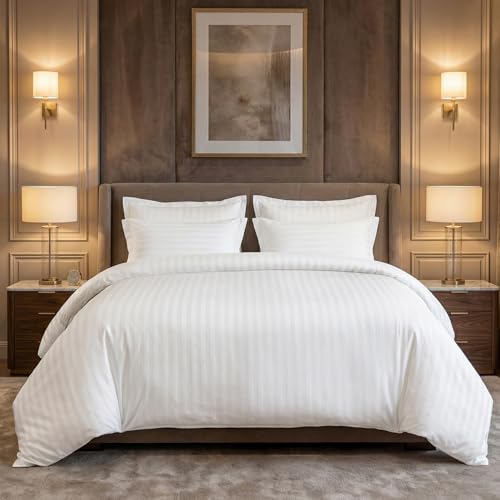 LINENWALAS Cotton 300 Thread Count King Size Bedsheet Set | 2 cm Sateen Stripe Design | Cloud-Soft, Breathable & Skin-Safe | Oeko-TEX Certified Hotel-Style Bedding (108 x 108, White) - Image 1