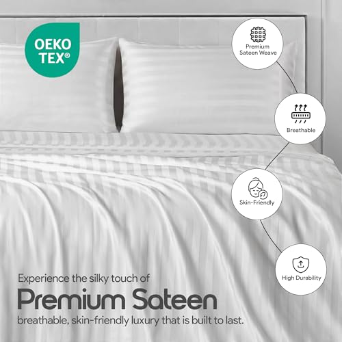 LINENWALAS Cotton 300 Thread Count King Size Bedsheet Set | 2 cm Sateen Stripe Design | Cloud-Soft, Breathable & Skin-Safe | Oeko-TEX Certified Hotel-Style Bedding (108 x 108, White) - Image 5