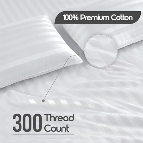 LINENWALAS Cotton 300 Thread Count King Size Bedsheet Set | 2 cm Sateen Stripe Design | Cloud-Soft, Breathable & Skin-Safe | Oeko-TEX Certified Hotel-Style Bedding (108 x 108, White) - Image 4