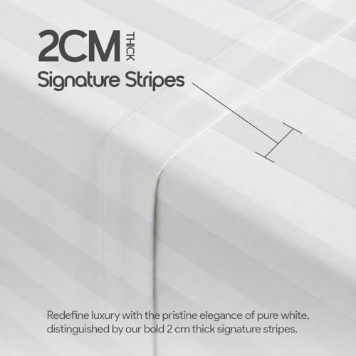 LINENWALAS Cotton 300 Thread Count King Size Bedsheet Set | 2 cm Sateen Stripe Design | Cloud-Soft, Breathable & Skin-Safe | Oeko-TEX Certified Hotel-Style Bedding (108 x 108, White) - Image 3